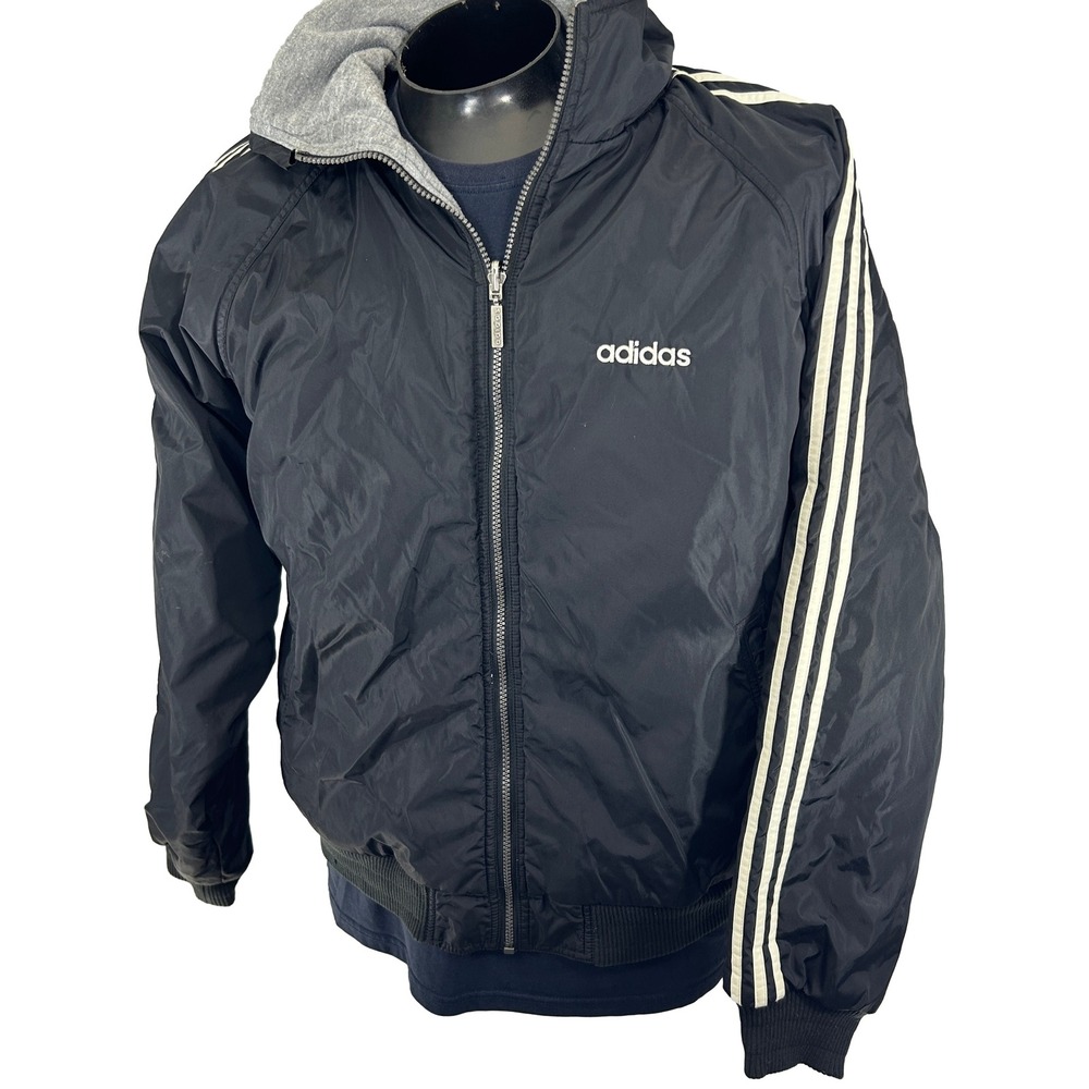 Adidas Reversible Jacket Mens Large Black Grey Vintage Trefoil Hooded Bomber